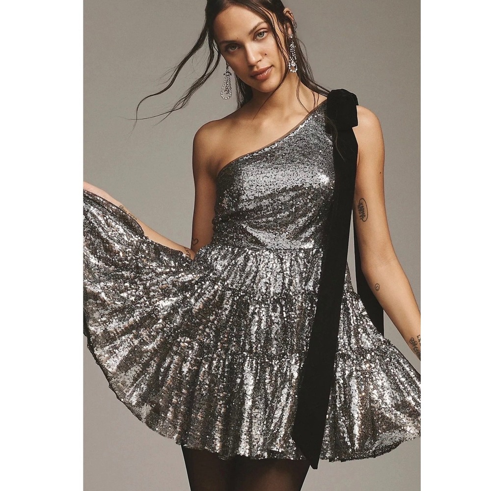 Geisha Designs Sequin One Shoulder Black Velvet Bow Mini cocktail party‎ Dress